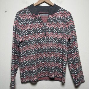 Talbots Women Sweater Medium Gray Red Fair Isle‎ Nordic Chevron Quarter Zip